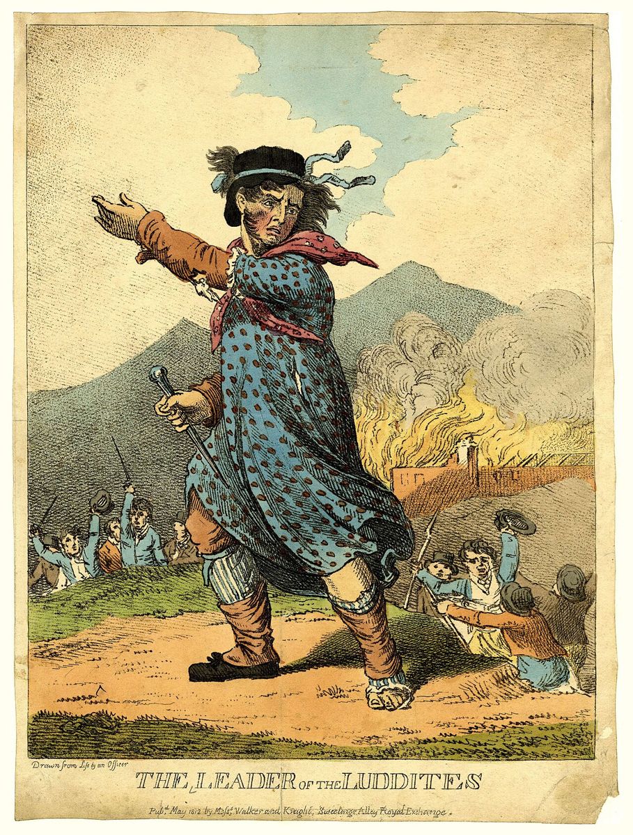 «El líder de los luditas», grabado publicado en Inglaterra en 1812.