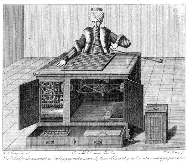«El Turco», el autómata que jugaba ajedrez en las cortes de Europa, en un grabado de 1789 que intentó explicar su mecanismo.