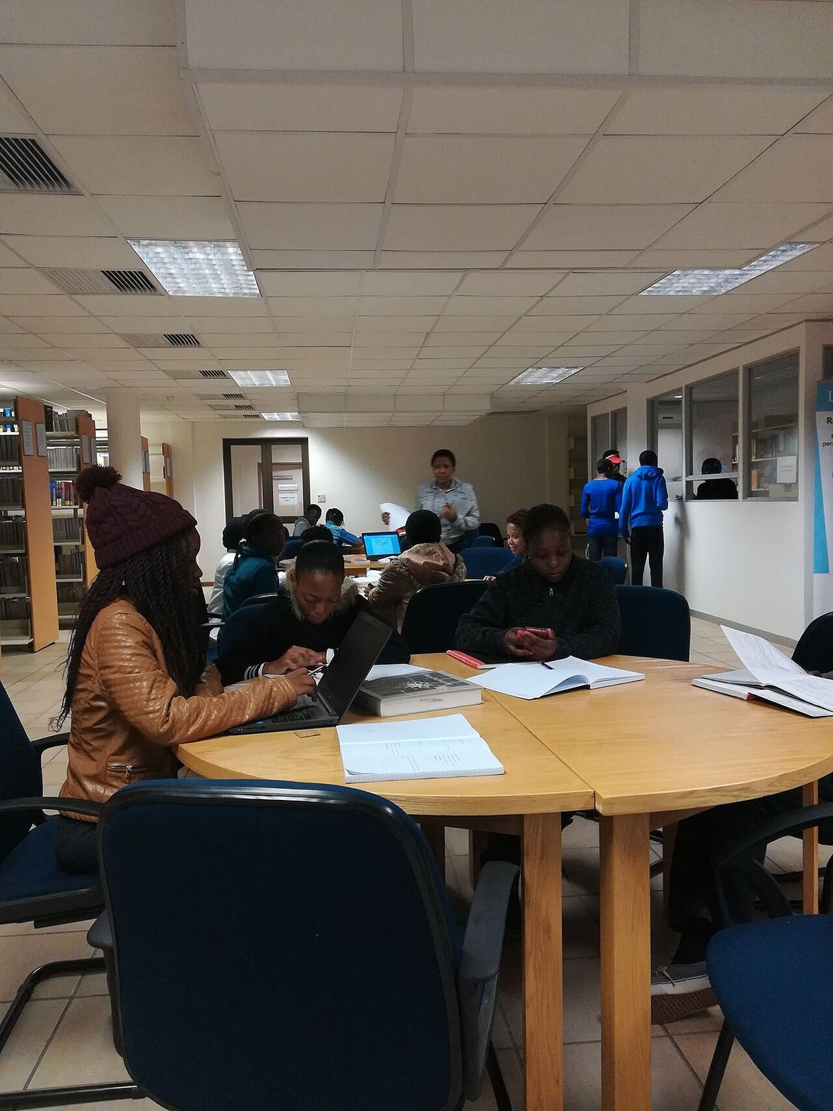 Students doing research in a university library in Botswana.